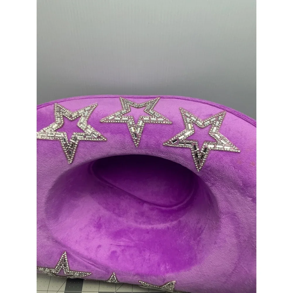 Purple Fuzzy Velvet Cowboy Hat Rhinestone Heart Star Embellished‎ Western Glam